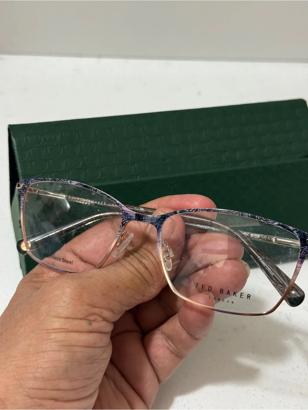 Ted Baker London purple clear lance glasses with green case